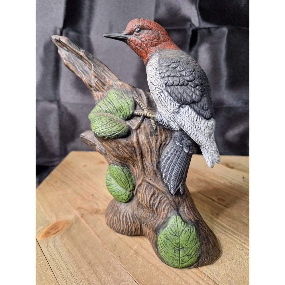 Vintage Red Headed Woodpecker Ceramic Figurine Bird on Tree Stump Statue 8.5